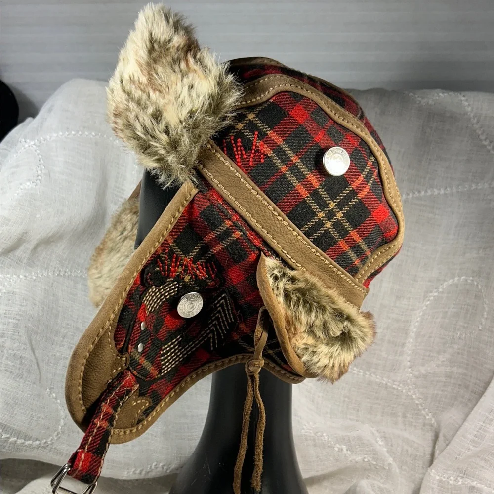 True Religion plaid winter hat with ear covers